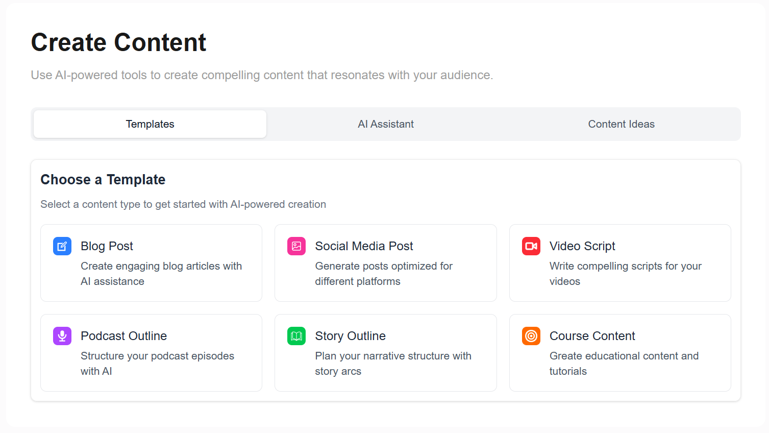Story Coach create content screen with AI-powered templates for blog posts, social media, and story outlines
