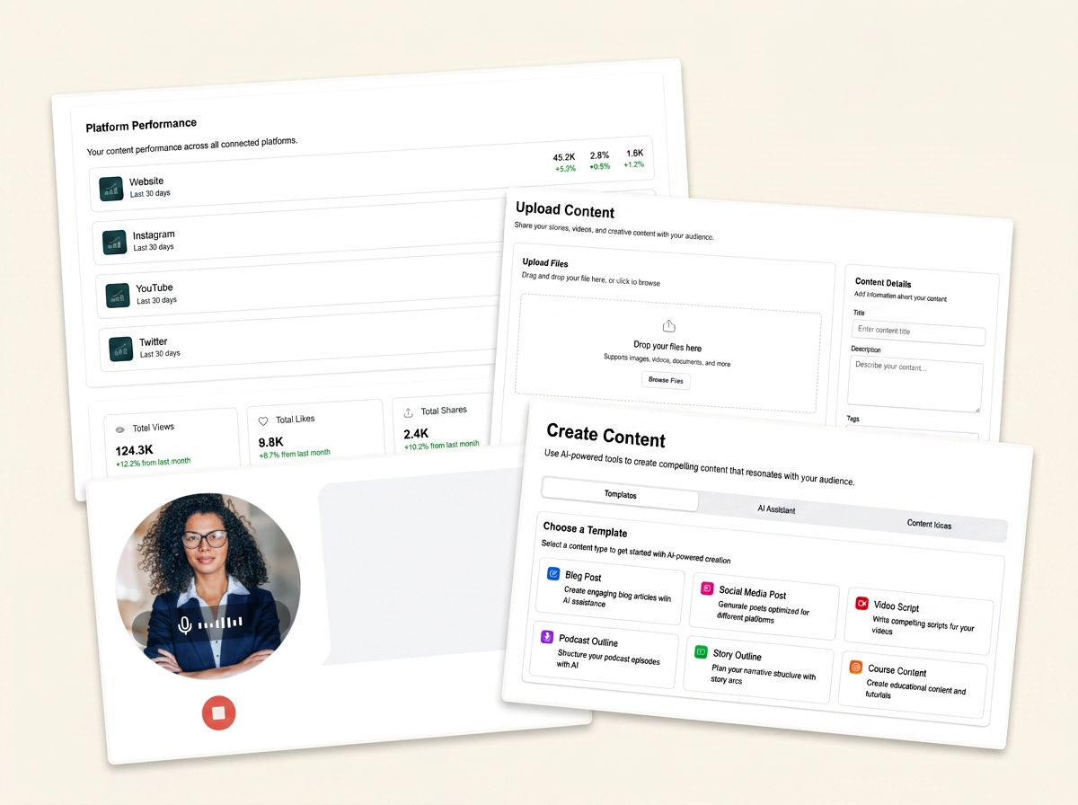 Collage of Story Coach AI analytics, content upload, content creation, and voice coaching screenshots