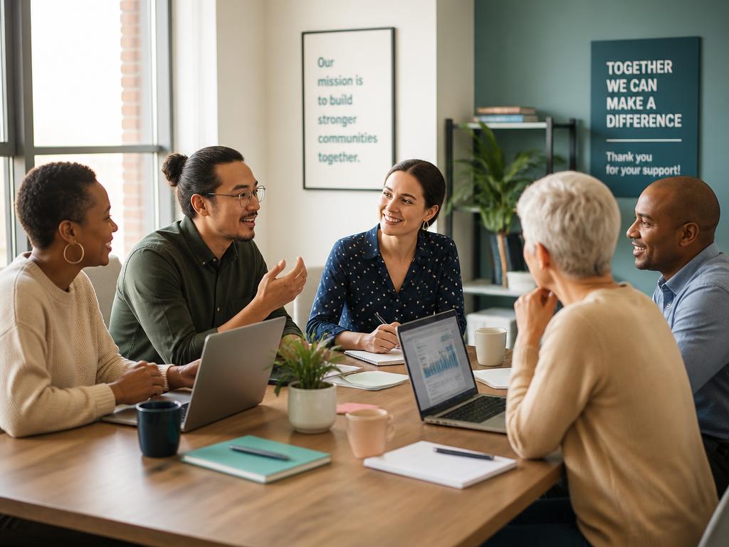 A nonprofit fundraising team collaborating in a meeting around a table with laptops and notebooks
